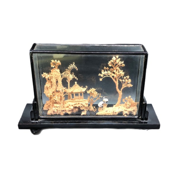Vintage Asian Microwood carving, pagoda, trees and cranes diorama shadow black lacquer box72210FC