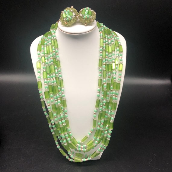 Vintage green  costume jewelry set, 7 strand glas… - image 1