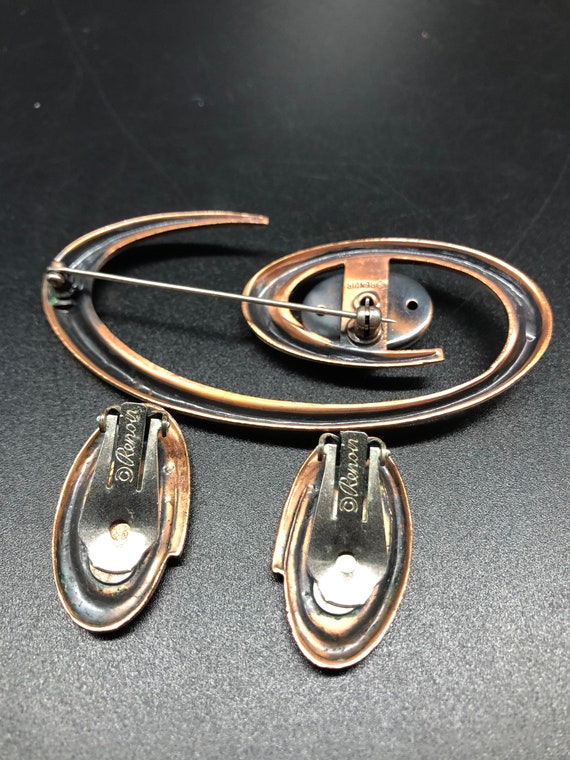 Vintage Renoir copper pin and earring set, MCM 19… - image 4
