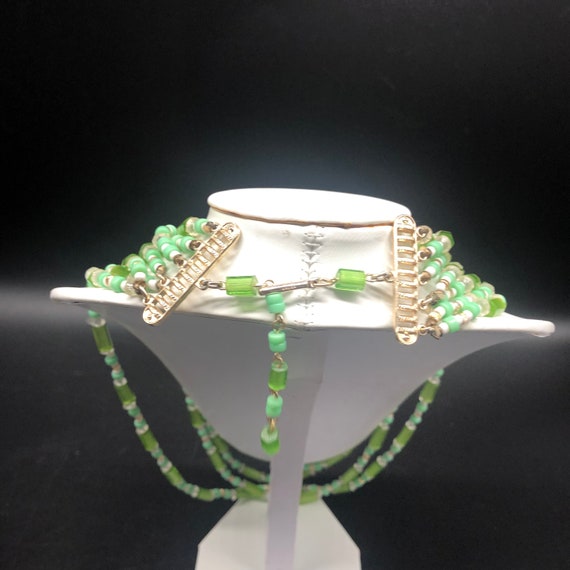 Vintage green  costume jewelry set, 7 strand glas… - image 6