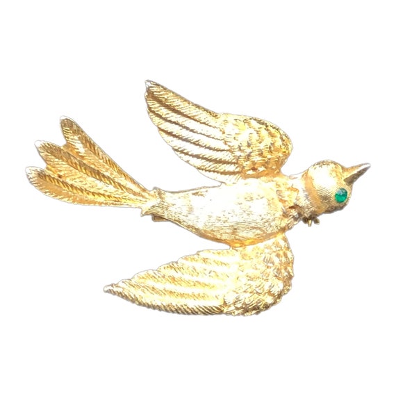 Vintage JJ bird brooch pin green eye, gold tone. … - image 1