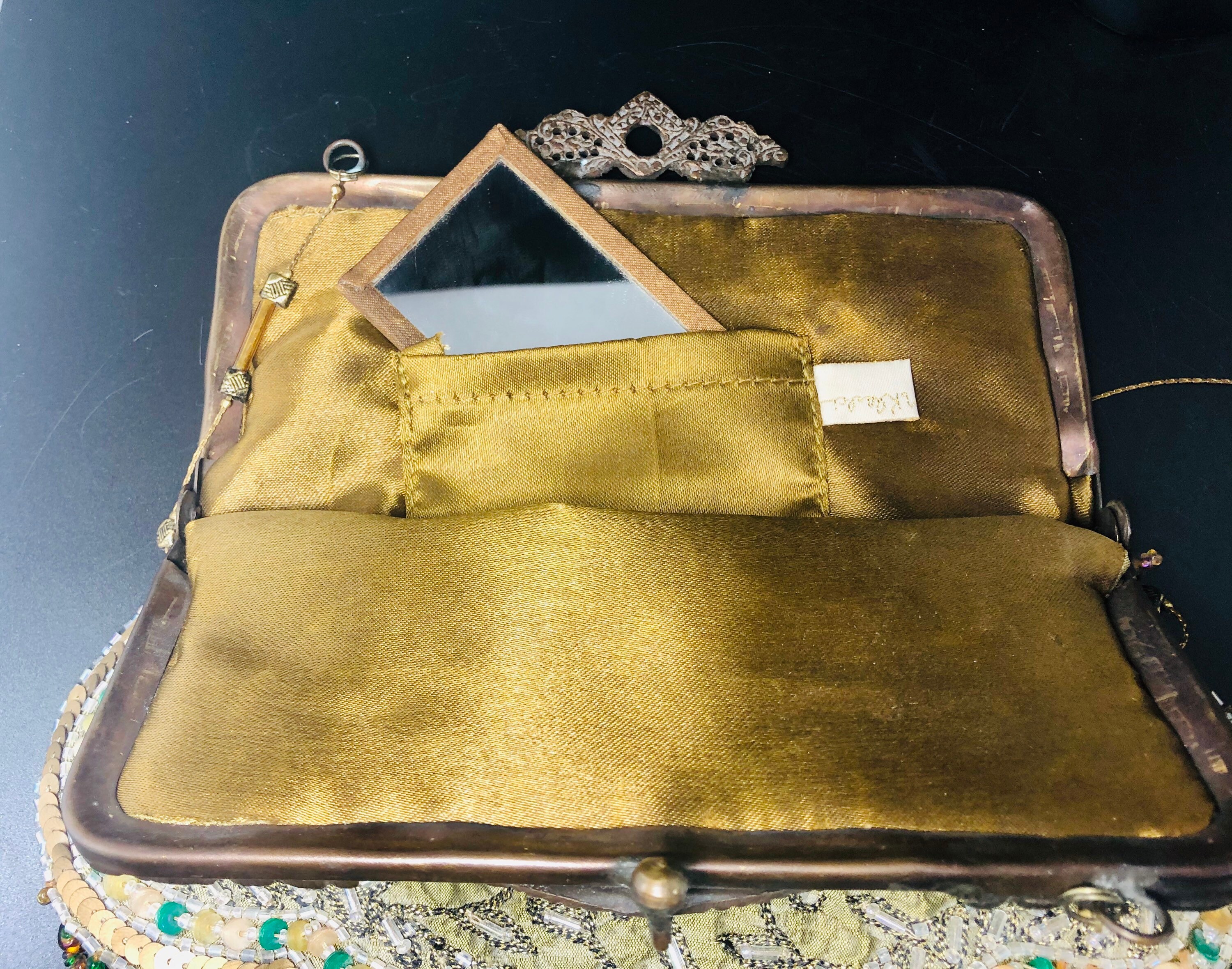 Vintage Wayne Kleski Beaded, Olive Raw Silk Purse, Evening