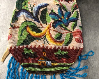 Borsa da donna con perline a corda antica vittoriana del 1900, borsa, borsa con perline floreali cucite a mano, perle di vetro, perline turchesi.