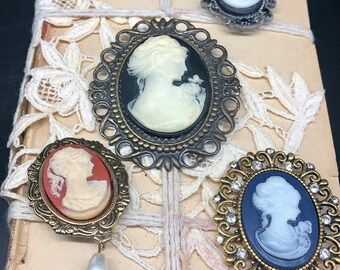 Vintage upcycled Cameo jewelry magnets set of 5, repurposed