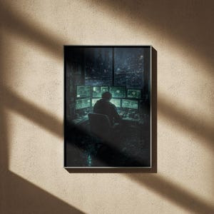 May include: Framed art print depicting a person seated in front of multiple computer monitors. The scene is dimly lit, with a cityscape visible through a window. The monitors glow with green light, creating a cyberpunk aesthetic.