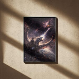 May include: Framed fantasy art print showing a dragon and rider, exhaling a beam of light towards a castle in a starry sky. The artwork uses a dark colour palette with shades of purple, black, and grey, creating a dramatic and epic scene.