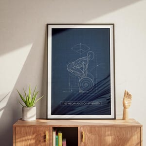 May include: Framed print featuring a weightlifter illustration in white on a dark blue background. The print includes the text "THE MECHANICS OF STRENGTH". The print is displayed on a wooden cabinet with a plant and a wooden hand sculpture.