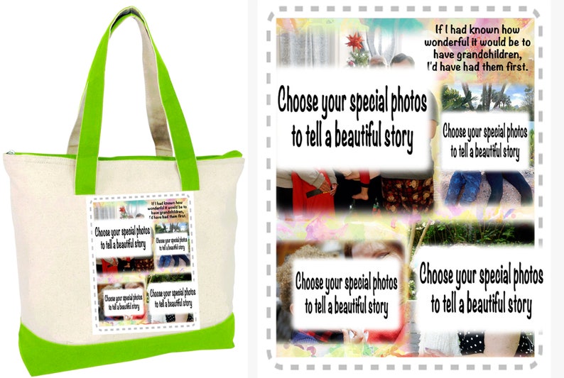 Photo Tote Bag Tell a story with your photos printed on fabric 1 or 2 Photo Collage Panels 2 tone canvas bag Up to 8 photo and text image 6