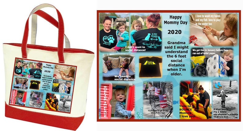 Photo Tote Bag Tell a story with your photos printed on fabric 1 or 2 Photo Collage Panels 2 tone canvas bag Up to 8 photo and text image 4