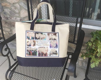 Photo Tote Bag - Priority Shipping - 1 or 2 Photo Collage Panels - two tone canvas bag -