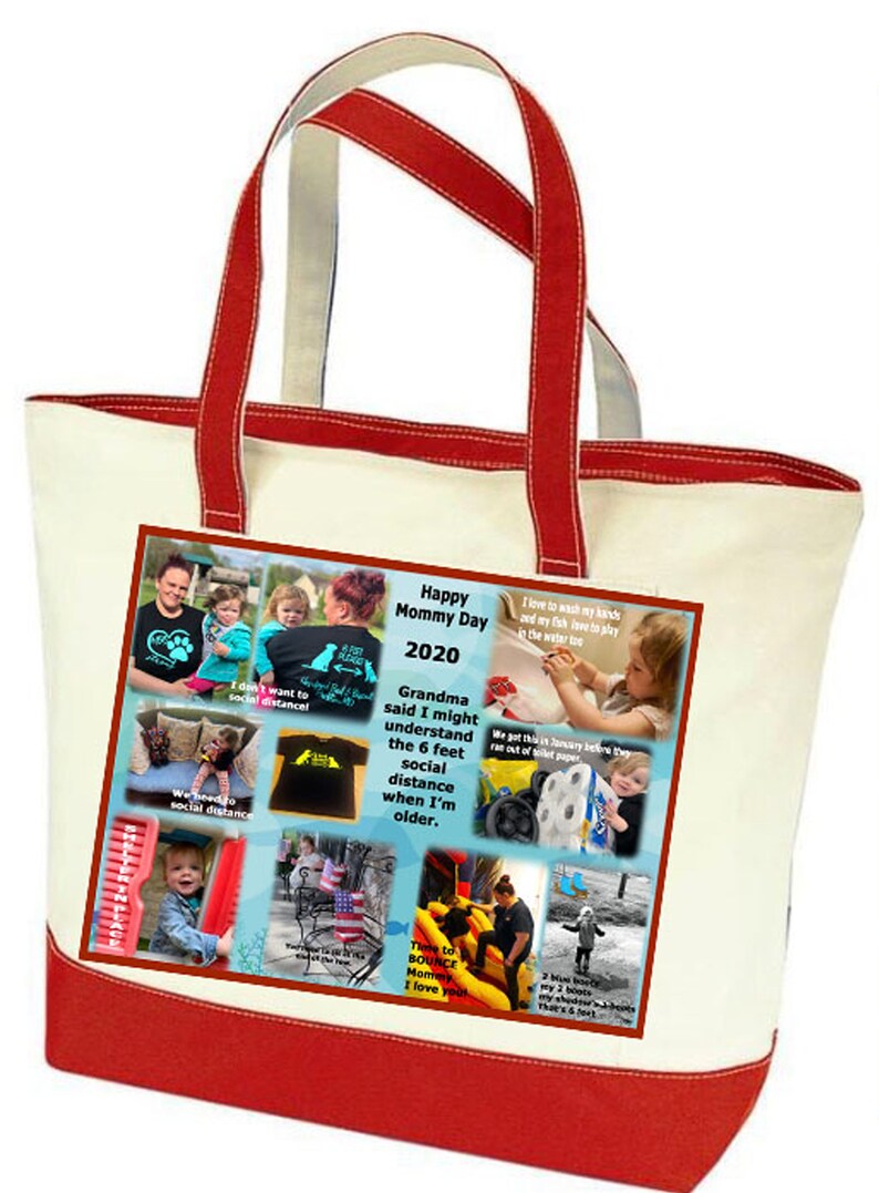 Photo Tote Bag Tell a story with your photos printed on fabric 1 or 2 Photo Collage Panels 2 tone canvas bag Up to 8 photo and text image 5