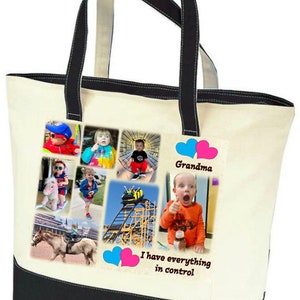 Photo Tote Bag - Tell a story with your photos  printed on fabric - 1 or 2 Photo Collage Panels - 2 tone canvas bag - Up to 8 photo and text