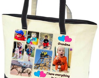 Photo Tote Bag - Tell a story with your photos  printed on fabric - 1 or 2 Photo Collage Panels - 2 tone canvas bag - Up to 8 photo and text