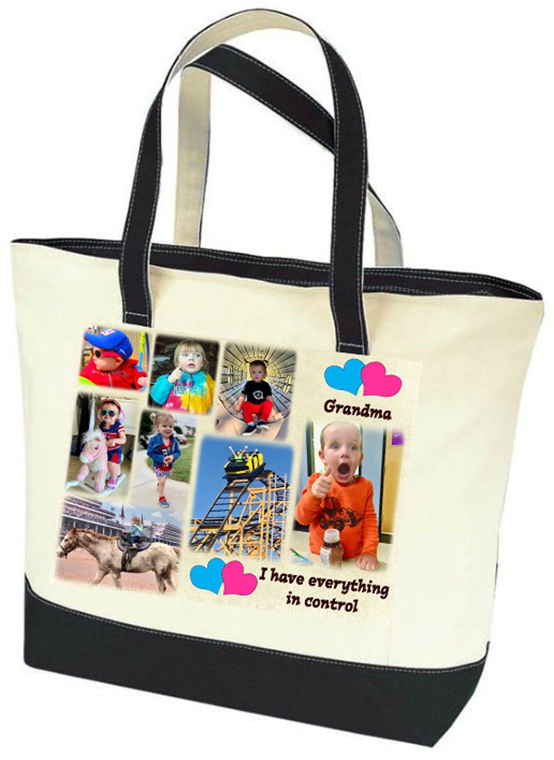 Photo Tote Bag Tell a story with your photos printed on fabric 1 or 2 Photo Collage Panels 2 tone canvas bag Up to 8 photo and text image 1