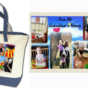 Photo Tote Bag Tell a story with your photos printed on fabric 1 or 2 Photo Collage Panels 2 tone canvas bag Up to 8 photo and text image 5