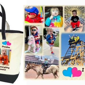 Photo Tote Bag Tell a story with your photos printed on fabric 1 or 2 Photo Collage Panels 2 tone canvas bag Up to 8 photo and text image 9