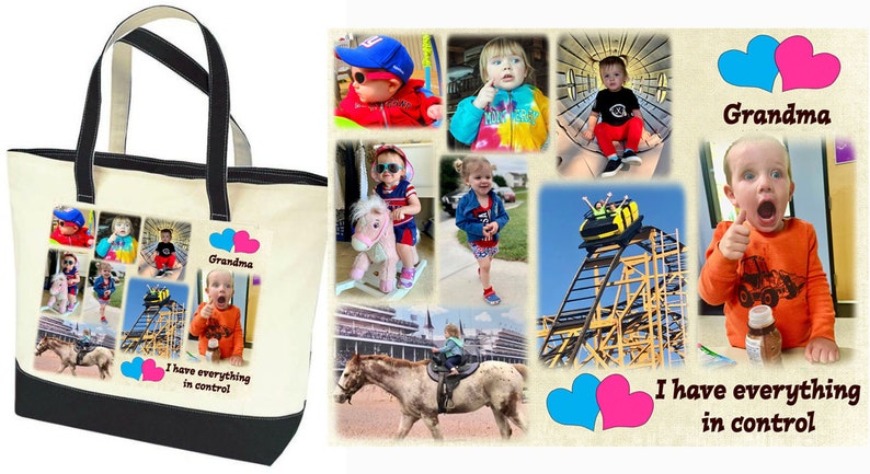 Photo Tote Bag Tell a story with your photos printed on fabric 1 or 2 Photo Collage Panels 2 tone canvas bag Up to 8 photo and text image 9
