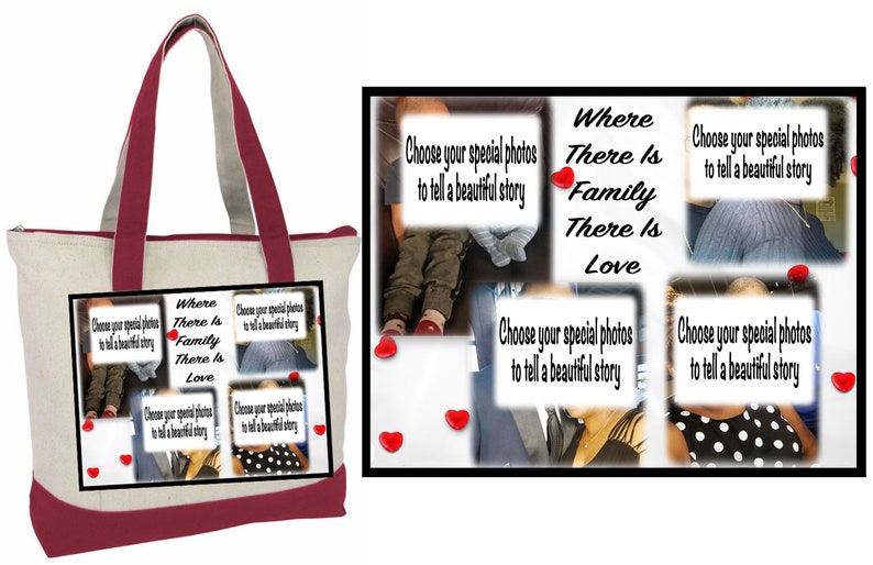 Photo Tote Bag Tell a story with your photos printed on fabric 1 or 2 Photo Collage Panels 2 tone canvas bag Up to 8 photo and text image 3