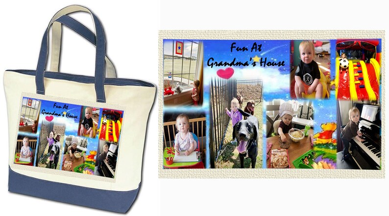 Photo Tote Bag Tell a story with your photos printed on fabric 1 or 2 Photo Collage Panels 2 tone canvas bag Up to 8 photo and text image 4