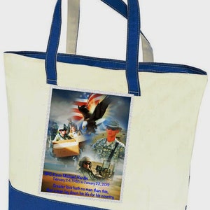 Photo Tote Bag Tell a story with your photos printed on fabric 1 or 2 Photo Collage Panels 2 tone canvas bag Up to 8 photo and text image 2