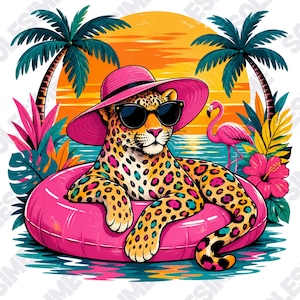 May include: A vibrant illustration of a leopard wearing sunglasses and a pink sun hat, relaxing in a pink inflatable ring. The background shows a sunset, palm trees, a flamingo, and tropical flowers.