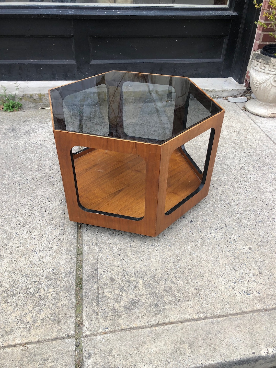 Mid Century Hexagon Smoke Glass Walnut End Table - Etsy