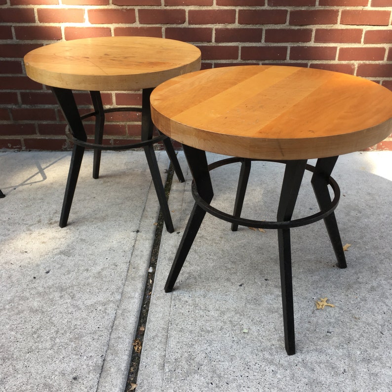 Pair of Industrial Modern End Tables Black Metal Base Butcher Block Top image 1