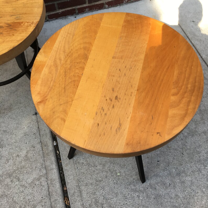 Pair of Industrial Modern End Tables Black Metal Base Butcher Block Top