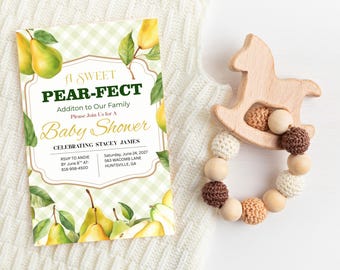 Plantilla de invitación para baby shower con diseño de pera / Invitación a cuadros vichy en acuarela (Descarga digital)