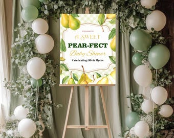 Letreros de bienvenida para baby shower "Una dulce y perfecta adición" / Póster de pera en acuarela con estampado de cuadros verdes / Plantilla editable e imprimible de Canva (4 tamaños)
