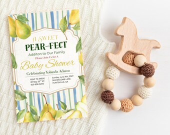 Plantilla de invitación para baby shower con diseño de pera / Rayas de acuarela estilo cuento de hadas (Descarga digital)