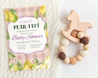 Invitación para baby shower con diseño de pera en acuarela rosa / Invitación para niña (Plantilla de Canva)