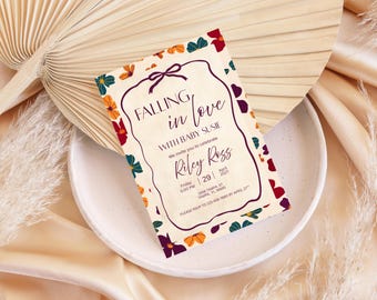 Invitación para baby shower "Enamorándonos", invitación floral bohemia para baby shower de otoño, invitación editable para baby shower de otoño, digital o impresa.