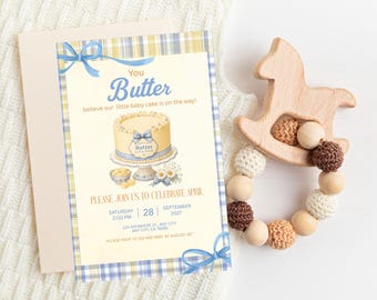 Plantilla de invitación para baby shower "Butter Believe It", diseño de pastel a cuadros amarillos y azules, invitación editable e imprimible en Canva para baby shower de género neutro.