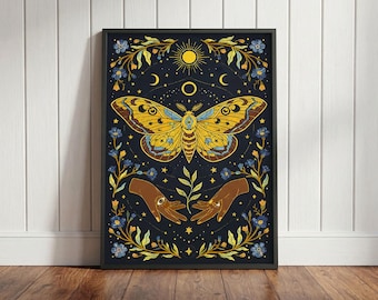 Mystical Moth Print: Celestial Moon Phases, Boho Witchy Decor