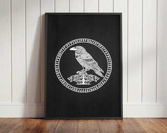 Viking Raven Muurdecoratie - Noorse Mythologie Decoratie - Donkere Gotische Kraai Poster (oningelijst)