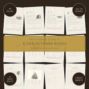 May include: A collection of printable pages titled The Ultimate Guide to Elder Futhark Runes, featuring 40 pages, 24 runes, and cheat sheets. The document includes detailed descriptions, illustrations, and sections for recording personal rune readings.
