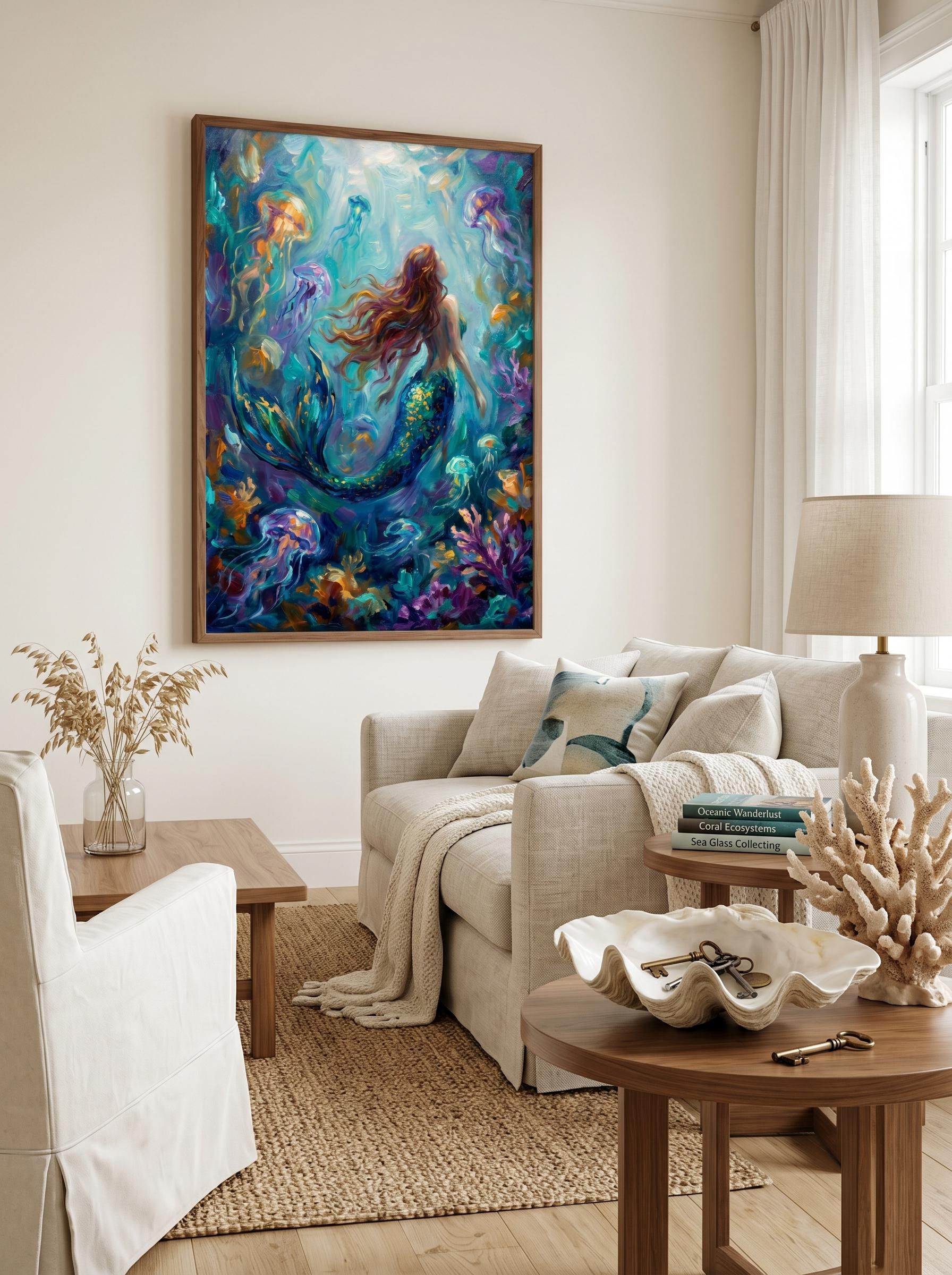 人魚とクラゲのウォールアート - 鮮やかな海のファンタジー装飾