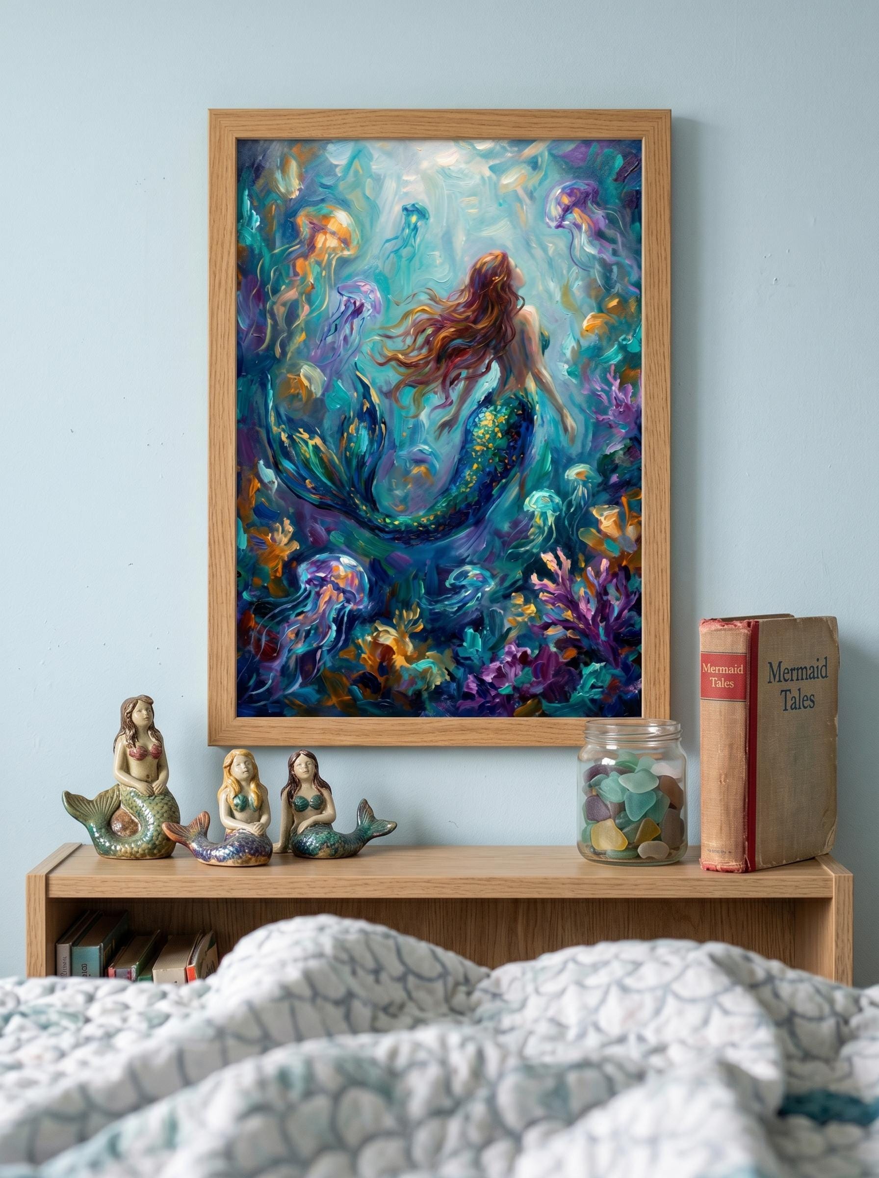 人魚とクラゲのウォールアート - 鮮やかな海のファンタジー装飾