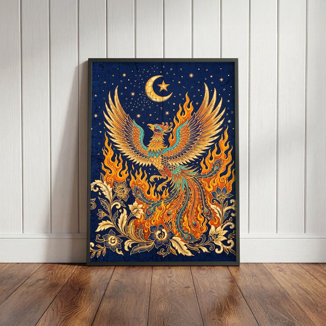 Phoenix Rising Art Print, Mythical Fire Bird Poster, Celestial Rebirth ...