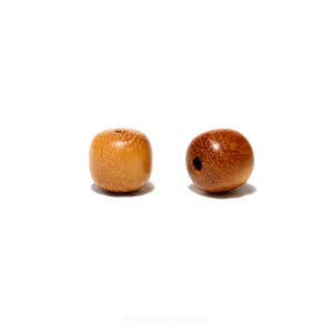 May include: Two wooden beads with a cylindrical shape. One bead is a light brown color with a smooth surface, while the other is a darker brown with a visible grain and a hole drilled through it. The beads are likely for jewelry making.