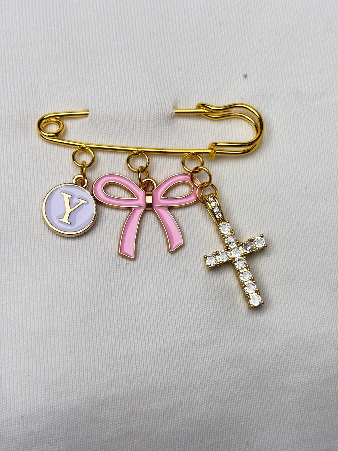 Personalized Baptism Pin, Pink Bow, Crystal Cross, Initial Brooch - Etsy