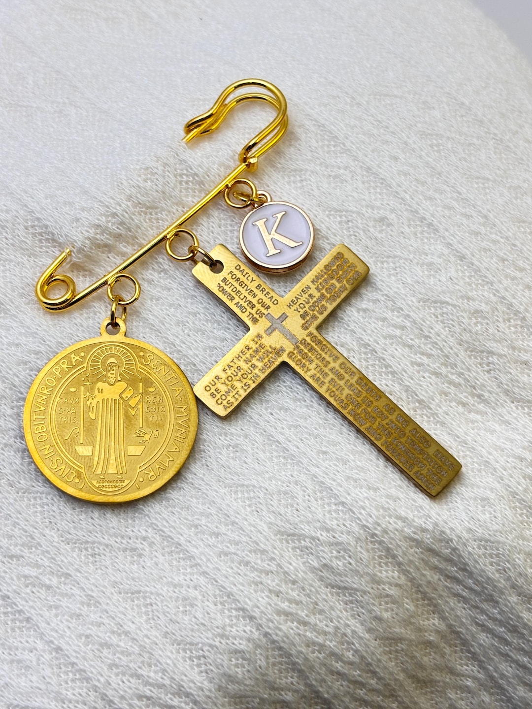 Gold Plated Catholic Baptism Pin With St Benedict Medal, Scripture ...