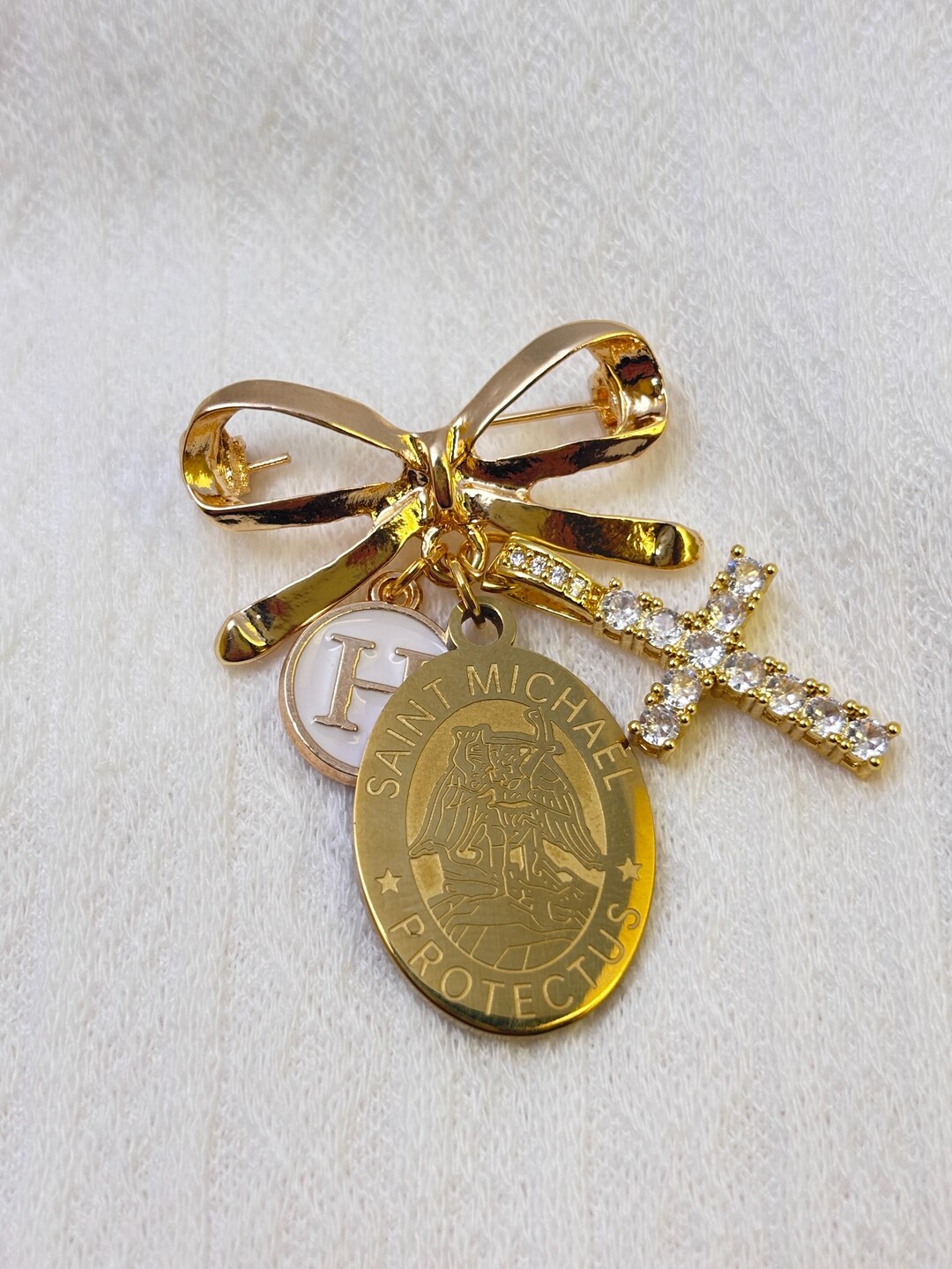 Gold Plated Saint Michael Baptism Pin With Cross and Initial, Catholic ...