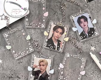 Angel Wing Acrylic Photocard Holder Keychain, Kpop Card Sleeve, Hard ID Badge Case, Cute Star Photo Card Charm