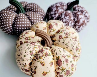 Handmade Pumpkins Set Of 3 Rustic Farmhouse Pumpkins with Real Stems Handmade Fabric Pumpkins for Halloween & Thanksgiving Cottage Pumpkins