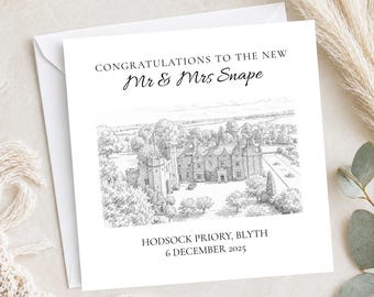 Personalised Wedding Venue Sketch Card, Custom Wedding Congratulations Card, Newlywed Card, Personalised Mr Mrs Card, Wedding Keepsake