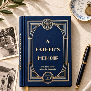 May include: A navy blue hardcover book titled A Father's Memoir with gold foil lettering and decorative border designs. The cover text reads A Father's Memoir, Tell Your Story, A Family Keepsake, and memoirs by family with a quill icon.