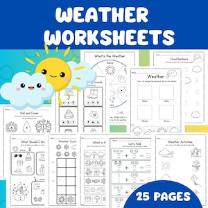 Puede incluir: Una colección de 25 hojas de trabajo sobre el clima para niños. La portada presenta un sol sonriente y personajes de nubes. Las hojas de trabajo incluyen actividades como emparejar, contar y colorear imágenes relacionadas con el clima. El texto dice "WEATHER WORKSHEETS".