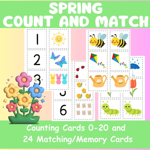 May include: A colorful educational set titled "SPRING COUNT AND MATCH". The set includes counting cards with numbers and matching images of bees, butterflies, and flowers. The text on the cards reads "Counting Cards 0-20 and 24 Matching/Memory Cards."